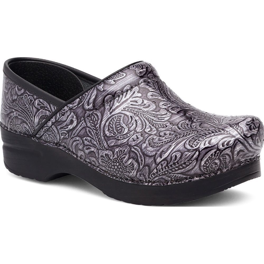 Dansko Grey/Black‎ Tooled Leather Clogs Sz 40/US 9.5-10